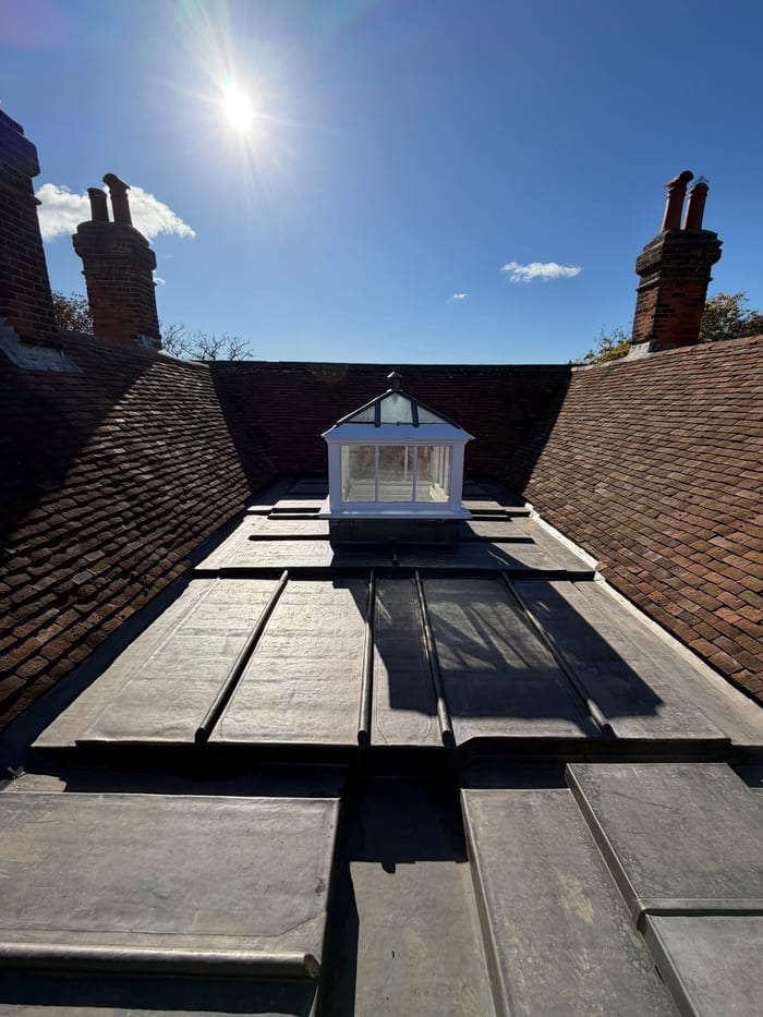 Lead-lined roof with white roof lantern